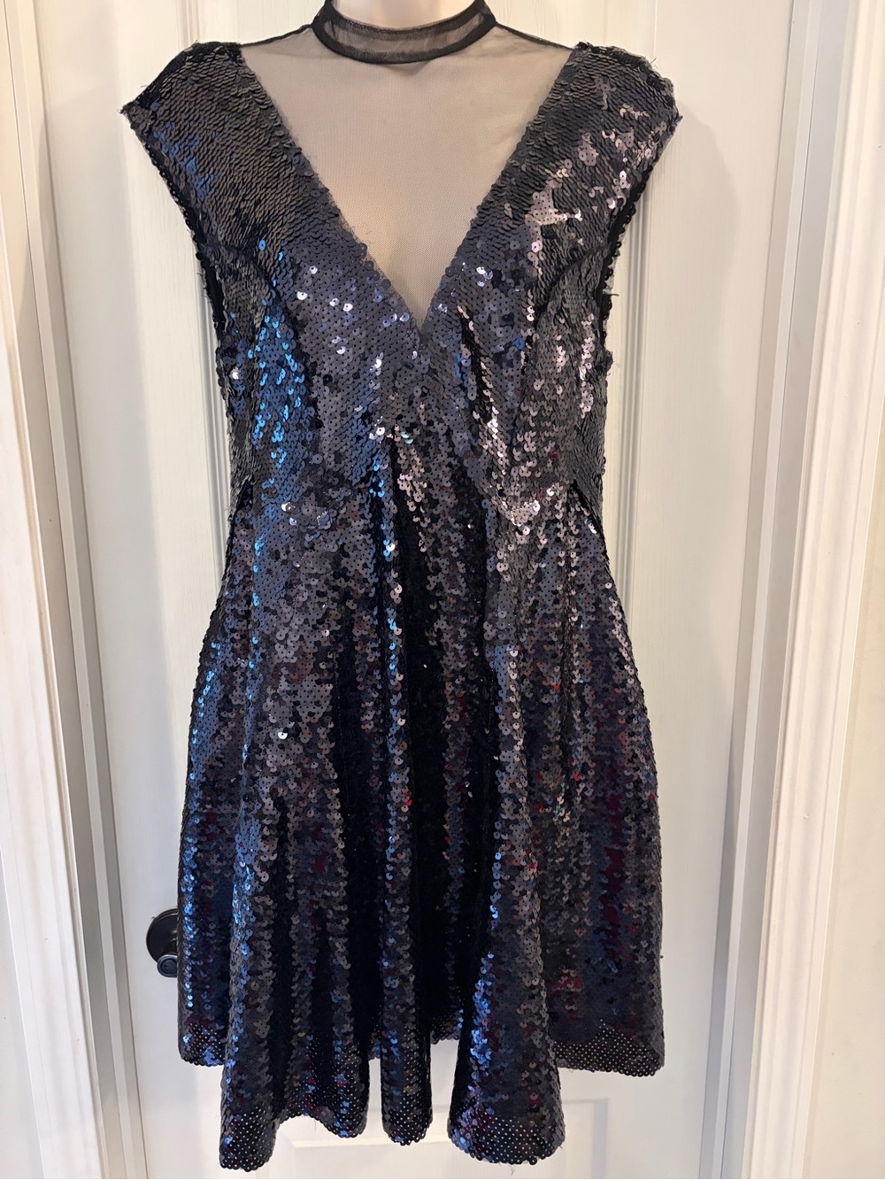 FREE PEOPLE Black Sequin V‑Neck Mesh Insert Party Dress NWT